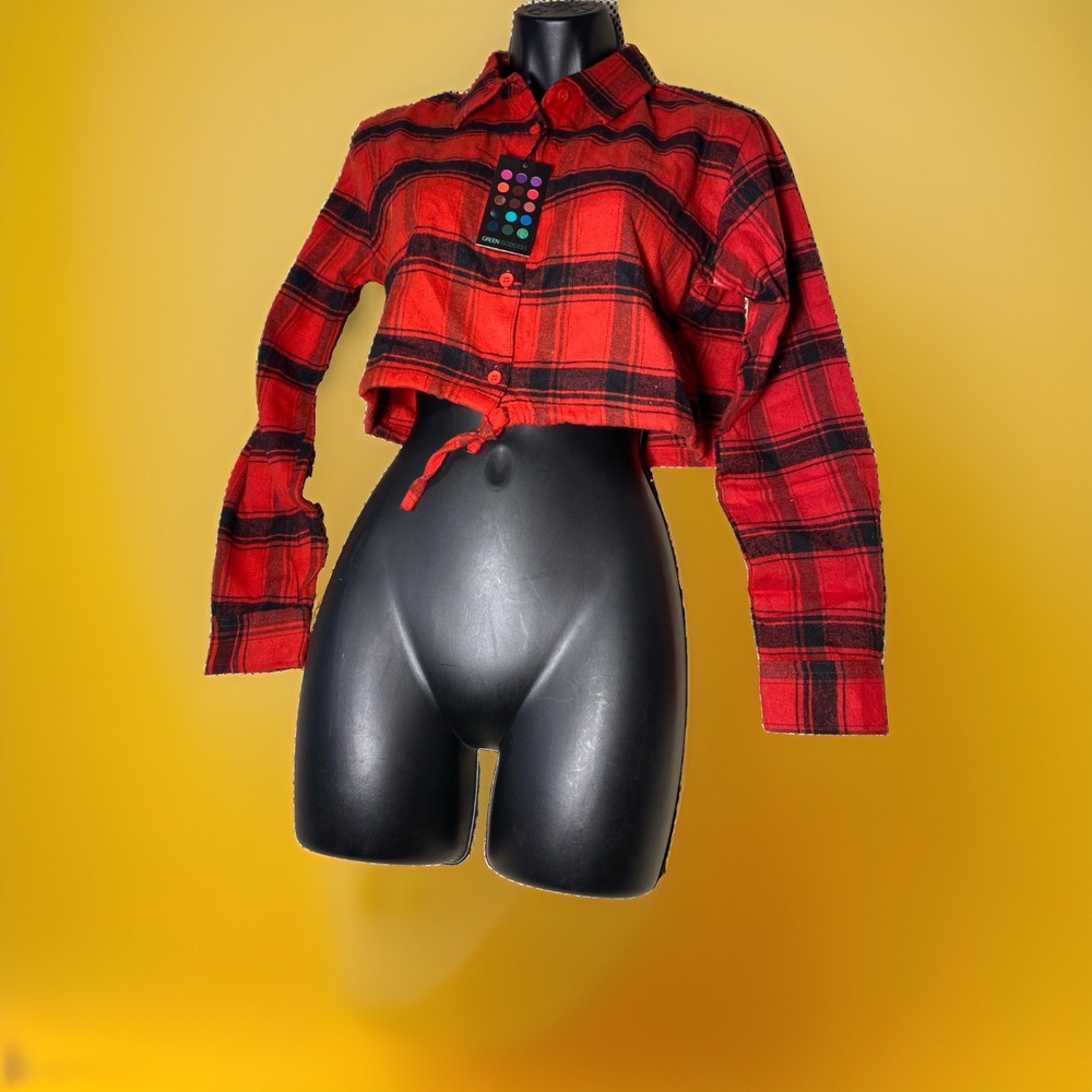 Green Goddess Crop Plaid Shirt Womens Button Down Tie Sexy Grunge S